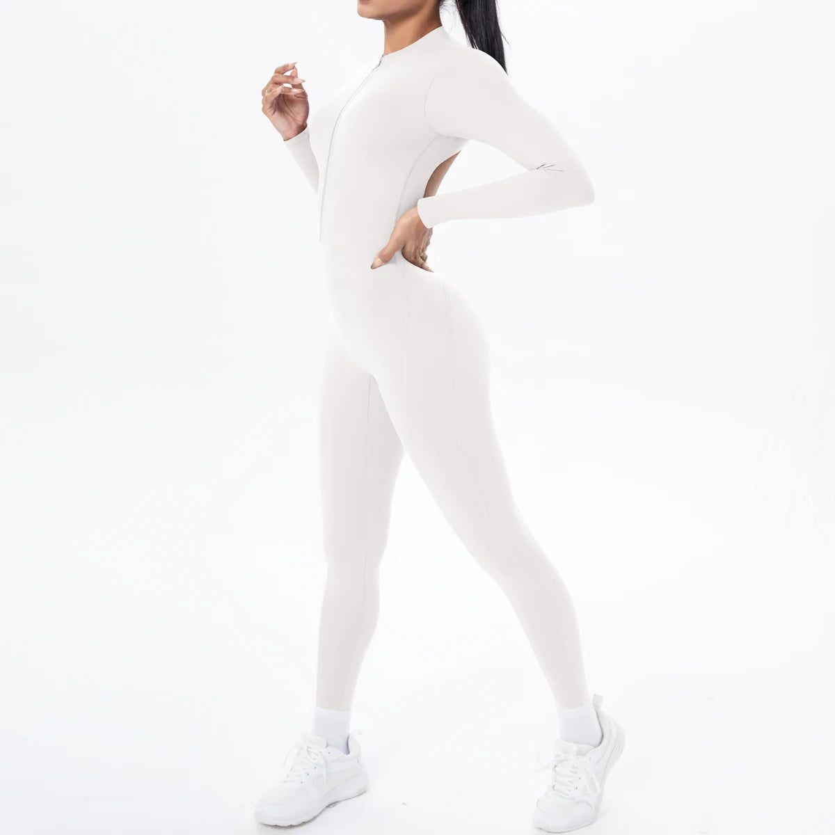Solid Color Bodysuits for Woman's Backless Long Sleeved Zipper Yoga Jumpsuits High Dtrength Workout Sports Fitness Clothing Set
