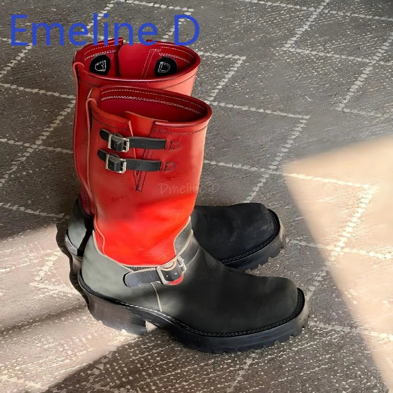 Color Blocked Upturned Western Cowboy Boots Fashionable Leather Splicing Design for Men and Women Square Headed Knight Boots