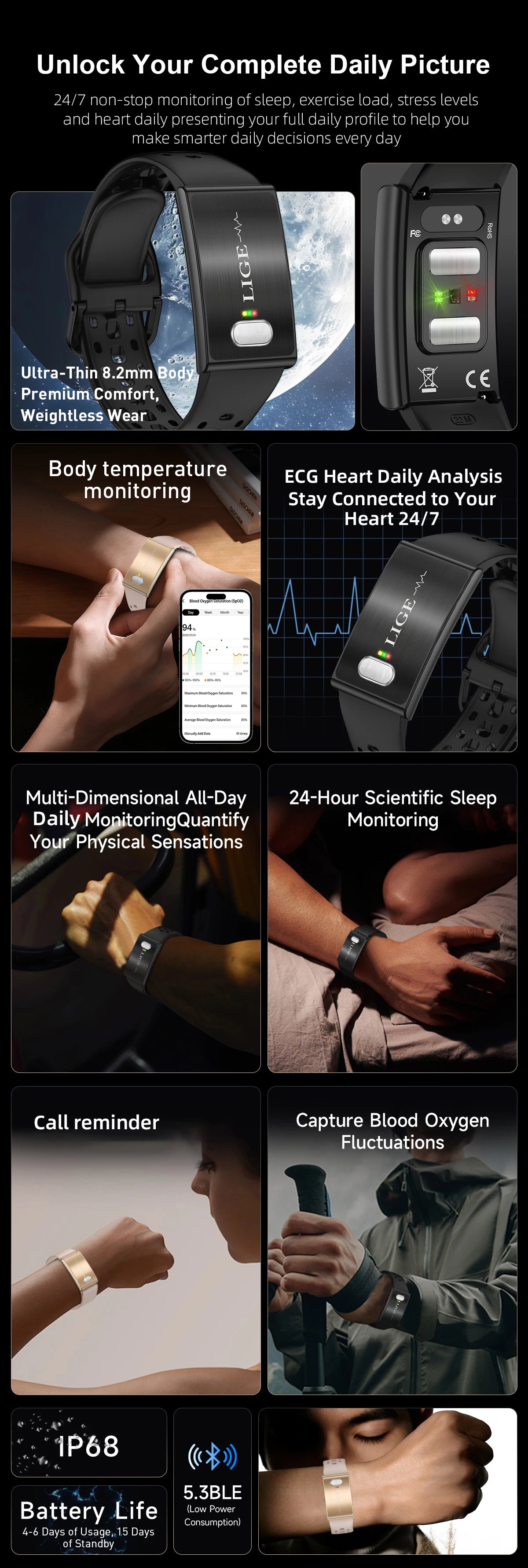 LIGE 2026 ECG+PPG Nursing Grade Smart Bracelet HRV Body Fat BMI Blood Pressure Body Temperature Men Women Health Sports Watches