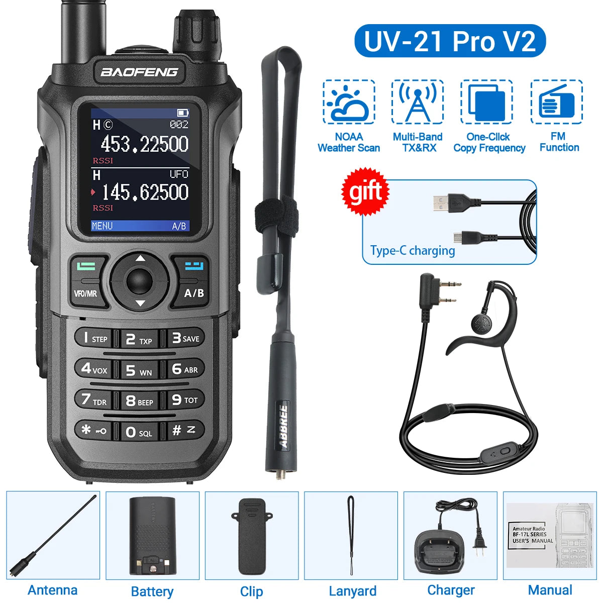 Baofeng UV-21 Pro Walkie Talkie V2 Multi-band Wireless Copy Frequency Waterproof Long Range Type-C Two Way Radio For Camping