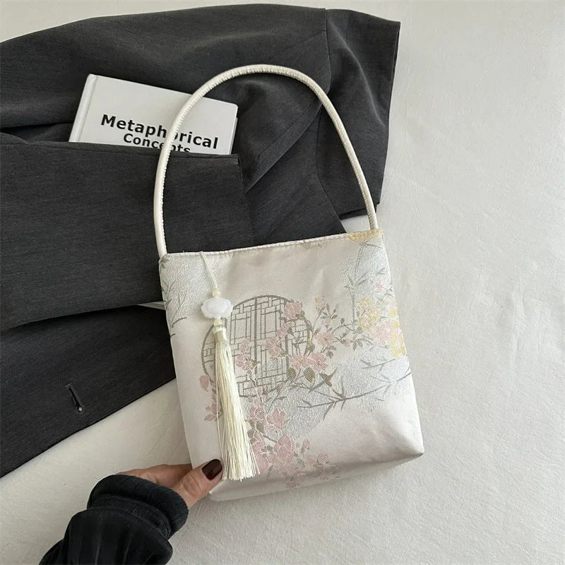 Fashion Luxury Women Embroidery Shoulder Bag Nylon Pearl Pendant Bucket Bag Versatile Handbag Retro Women Crossbody Bags сумка