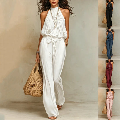 Women Halter Neck Sleeveless Jumpsuit Elastic Waist Belted Wide Leg Pants Summer Casual Loose Solid Color Romper