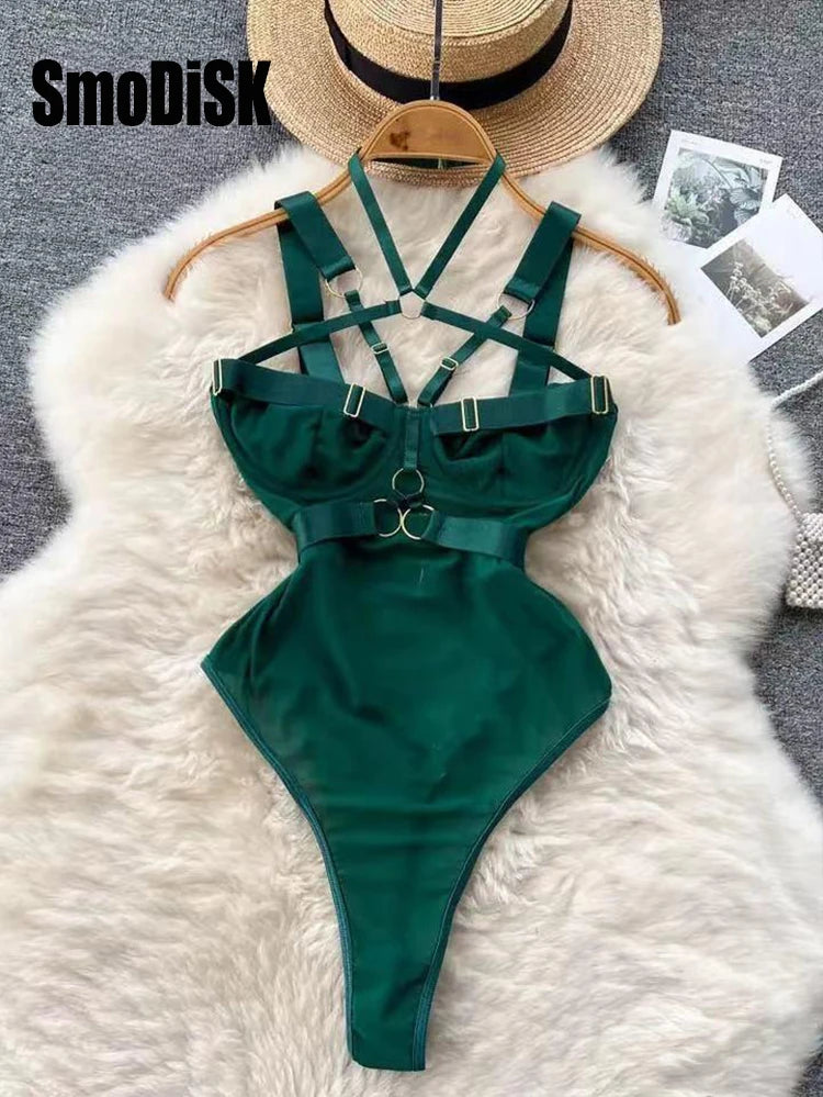 Coquette Lace Lingerie Set Sexy Mesh Bodysuit Valentines Day Sleepwear Gothic Strappy Catsuit Intimate Nightwear Romper