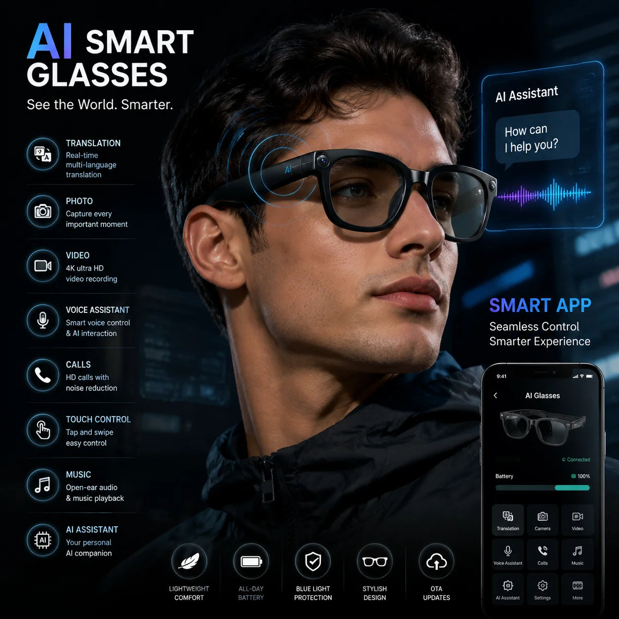 Smart AI Glasses HD Photo Video OpenAI Record Translation Photochromic Lenses Bluetooth Call Music Multifunction Glasses