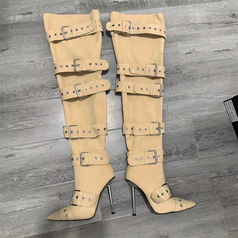 New Women Denim Metal Rivet Buckle Sandals Women Sexy Punk Style Pointed Hollow Metal 11cm High Heel Knee High Boots Size34-43