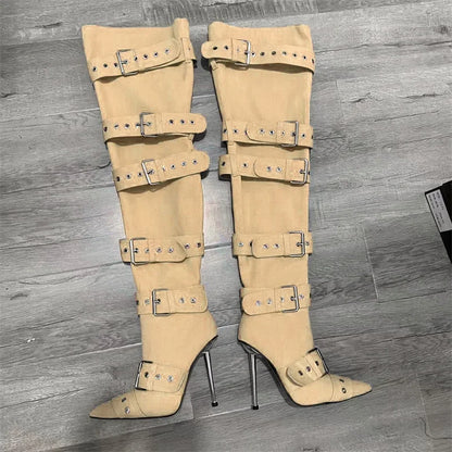 New Women Denim Metal Rivet Buckle Sandals Women Sexy Punk Style Pointed Hollow Metal 11cm High Heel Knee High Boots Size34-43