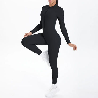 Solid Color Bodysuits for Woman's Backless Long Sleeved Zipper Yoga Jumpsuits High Dtrength Workout Sports Fitness Clothing Set