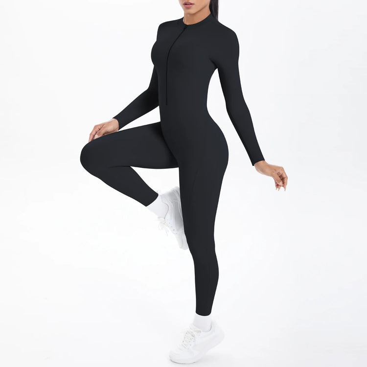 Solid Color Bodysuits for Woman's Backless Long Sleeved Zipper Yoga Jumpsuits High Dtrength Workout Sports Fitness Clothing Set