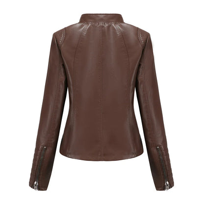 2026 Women's Bright Red V-neck Leather Jacket, Fashion Slim PU Coat, Black Short Outerwear Asia Size XS S M L XL XXL