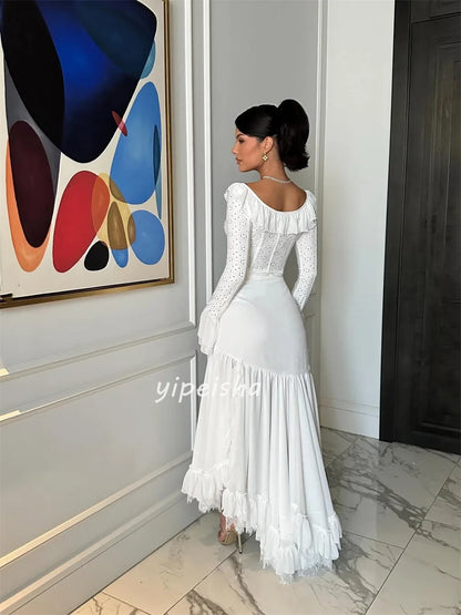 Customized Modern Style Matching Chiffon Ruched Lace Mermaid Scoop Neck Ankle Length Dresses Bespoke Occasion Dresses Elegant