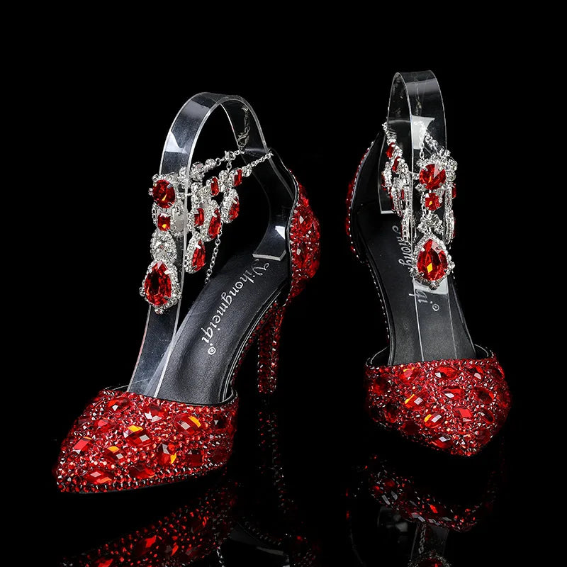 2024 Autumn Slim Heels Shallow Mouth Luxury Blue Water Diamond Pearl Women Single Shoes 9CM Wedding Party Shoes Sandalias Mujer