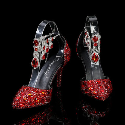 2024 Autumn Slim Heels Shallow Mouth Luxury Blue Water Diamond Pearl Women Single Shoes 9CM Wedding Party Shoes Sandalias Mujer