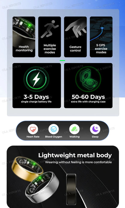 2026 New Smart Ring GPS Motion Modes Remote Control Camera Heart Rate Blood Oxygen/Pressure Outdoor Sports Waterproof Smartring