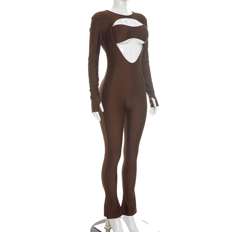 Joskaa Women Cutout Long Sleeve Jumpsuit with Tube Tops Sexy O-neck Back Zipper Thumb Hole Design Bodycon Rompers Party Clubwear