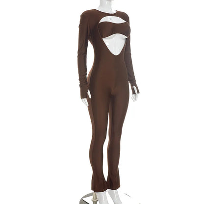 Joskaa Women Cutout Long Sleeve Jumpsuit with Tube Tops Sexy O-neck Back Zipper Thumb Hole Design Bodycon Rompers Party Clubwear