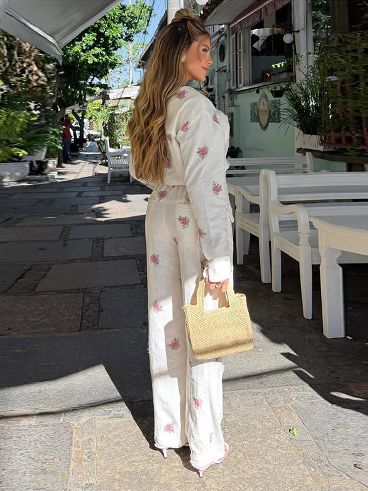 2026 Autumn Elegant Print Women's Jumpsuits Fashion Long Sleeve V-neck Zippers Female Overalls All-match Lady Romper New