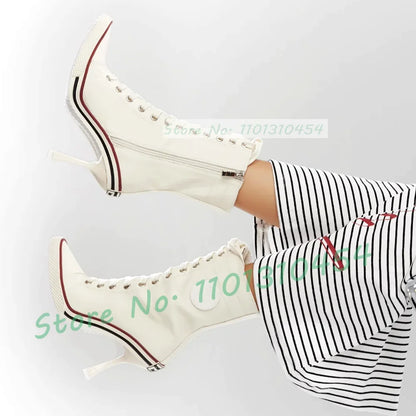 White High Heel Canvas Ankle Boots Women Front Cross-tied Pointy Toe Shoes Side Zipper Sexy Girls Sporty Casual High Top Booties