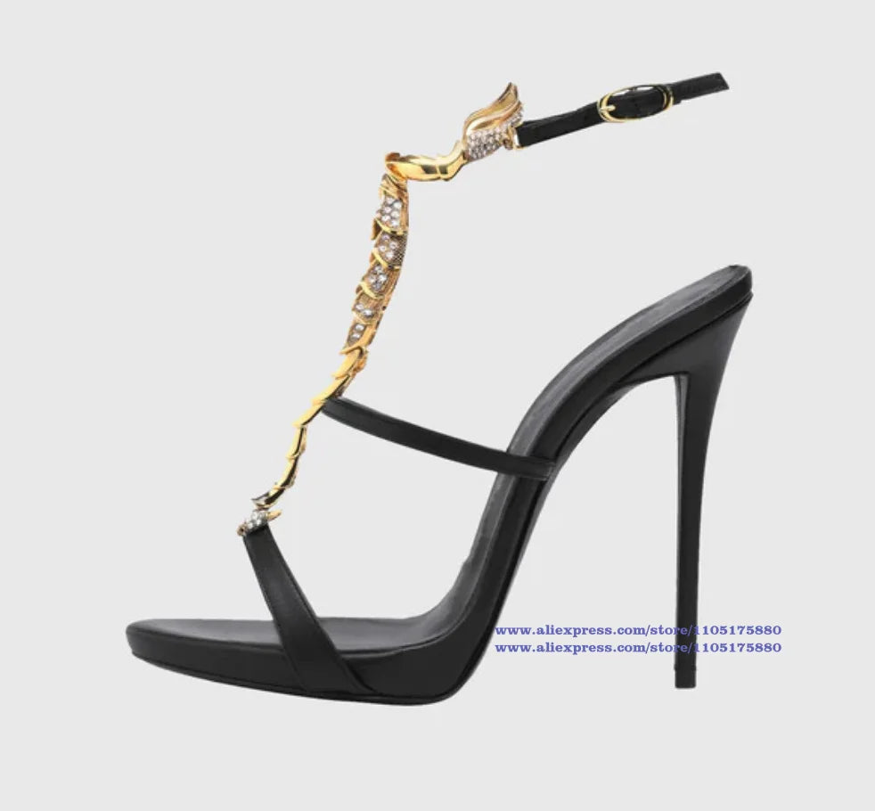 Gold Scorpion T-Strap Sandals Round Toe Stiletto Heels Women's High Heels Elegant Party Dress Shoes Sandalias De Mujer Verano