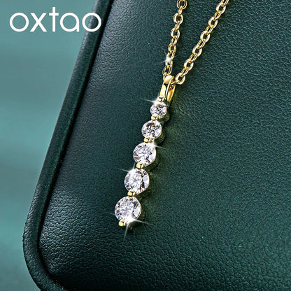 OXTAO Moissanite Diamond Necklace 14K Gold Filled Clavicle Chain 5-Stone Long Pendant Necklace Wedding Jewelry Gift for Women