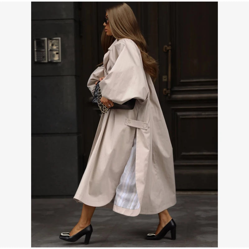 Women's Brown Stand Up Collar Long Long Trench Coat  Lantern Sleeve Side Slit Loose Windbreaker 2026 Spring Autumn Fashion Coat