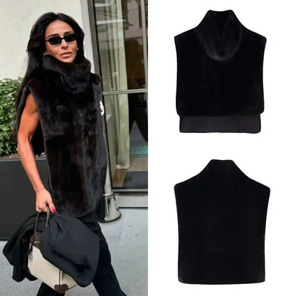 Eco Mink Fur Turtleneck Tank Tops Fluffy Layering Piece Faux Fur Vest High Collar Thicken Sleeveless Jacket Women's Apparel