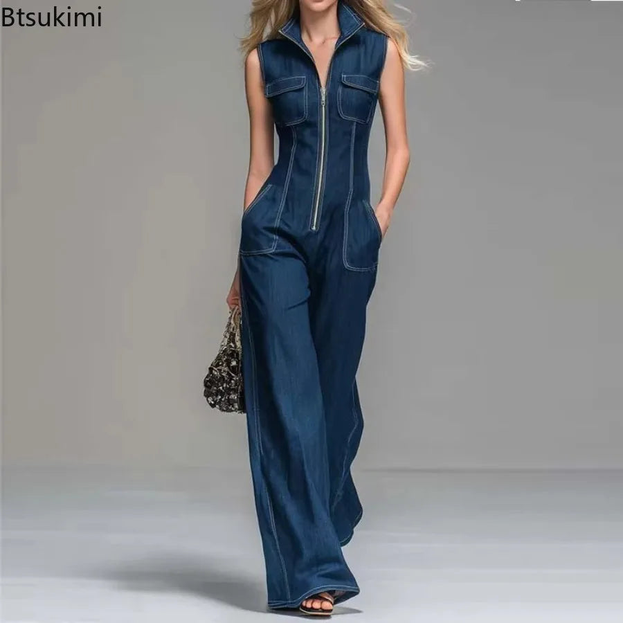 New Women's Sleeveless Denim Jumpsuits High Waist Wide Leg Cargo Pants Front Zipper Casual Office Overalls Summer Jean Jumpsuit