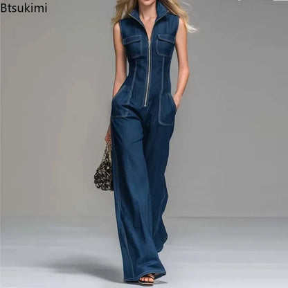 New Women's Sleeveless Denim Jumpsuits High Waist Wide Leg Cargo Pants Front Zipper Casual Office Overalls Summer Jean Jumpsuit