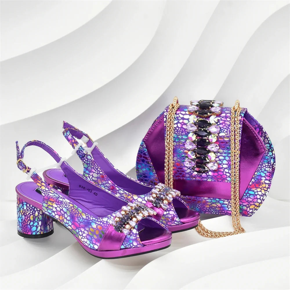 Fashion Italian Matching Nigerian Shoe and Bag with Rhinestone Wedding Shoes for Women Bride African Shoes and Bags Matching Set