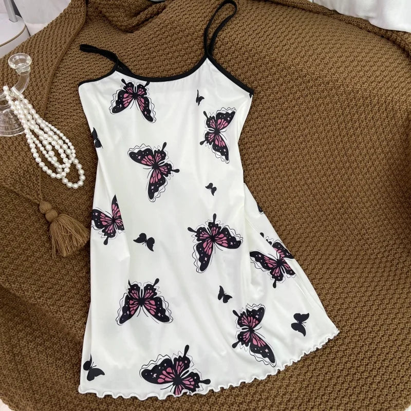 FINETOO Summer Teddy Bear Sleepwear Women Seamless Hearts Butterfly Floral Printed Sleeveless Ruffled Loungewear Cute Nightdress