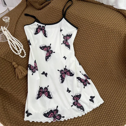 FINETOO Summer Teddy Bear Sleepwear Women Seamless Hearts Butterfly Floral Printed Sleeveless Ruffled Loungewear Cute Nightdress