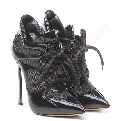 Mixed Color Sexy Catwalk Stiletto Short Boots 2025 New Pointed Stitching Lace-Up Boots Fashion Ladies Party Casual Short Boots