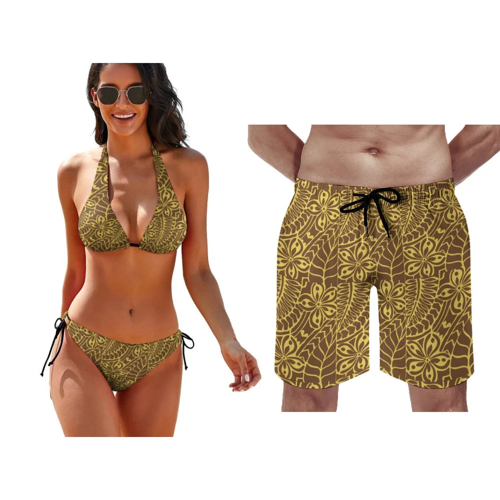 Polynesian Pattern Floral Print Lace-Up Swimsuit Pool Party Couple Suit Summer Custom Couple Suit Women Bikini Men Beach Pants