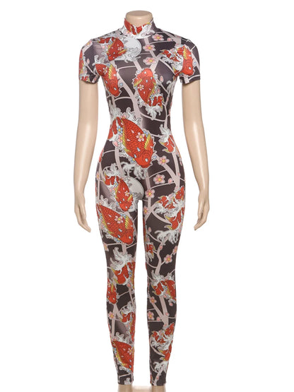 kliou Sexy Printed Women Jumpsuits Fashion New Back Hollow Full Sleeve Stand Collar Slim Overalls Female Midnight Party Clubwear