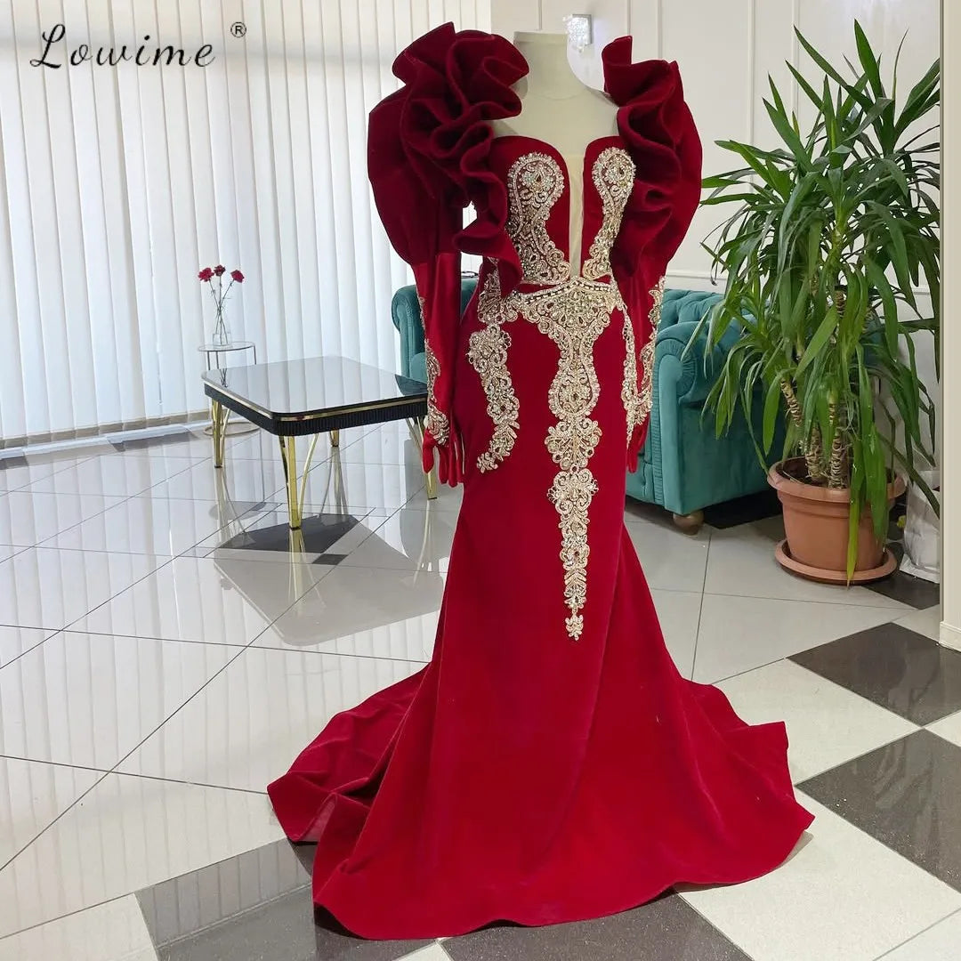 Customized Pleated Evening Dresses Retro Sequined Embroidered Dress Red Ruffled Shoulder Evening Dress Lace Party Formal Dress
