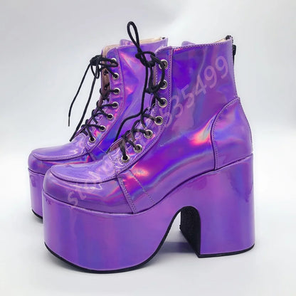 Thick Sole Round Toe Punk Party Boots 2025 New Street Rock Lace-Up Motorcycle Boots Fashion 34-48 Thick High Heel Ankle Boots
