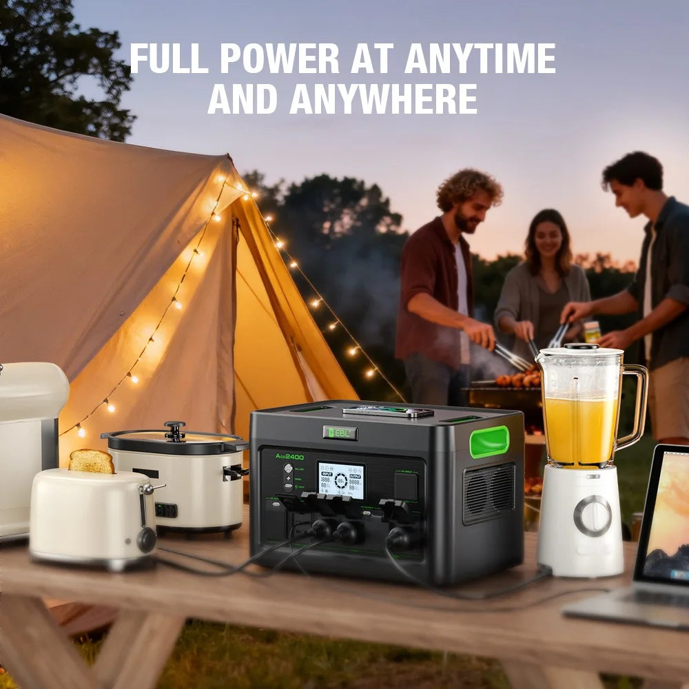 EBL Portable Power Station 2400W (Peak 4800W), 1843.2Wh LiFePO4 Solar Generator for Home Backup, RV & Camping, Fast 1.6H Recharge, 12 Output Ports with 4×120V Pure Sine Wave AC Outlets