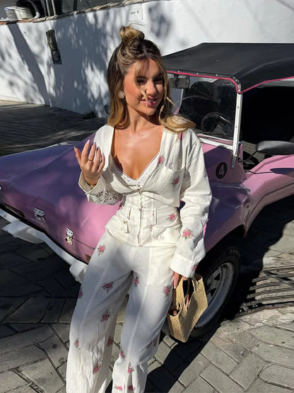 2026 Autumn Elegant Print Women's Jumpsuits Fashion Long Sleeve V-neck Zippers Female Overalls All-match Lady Romper New