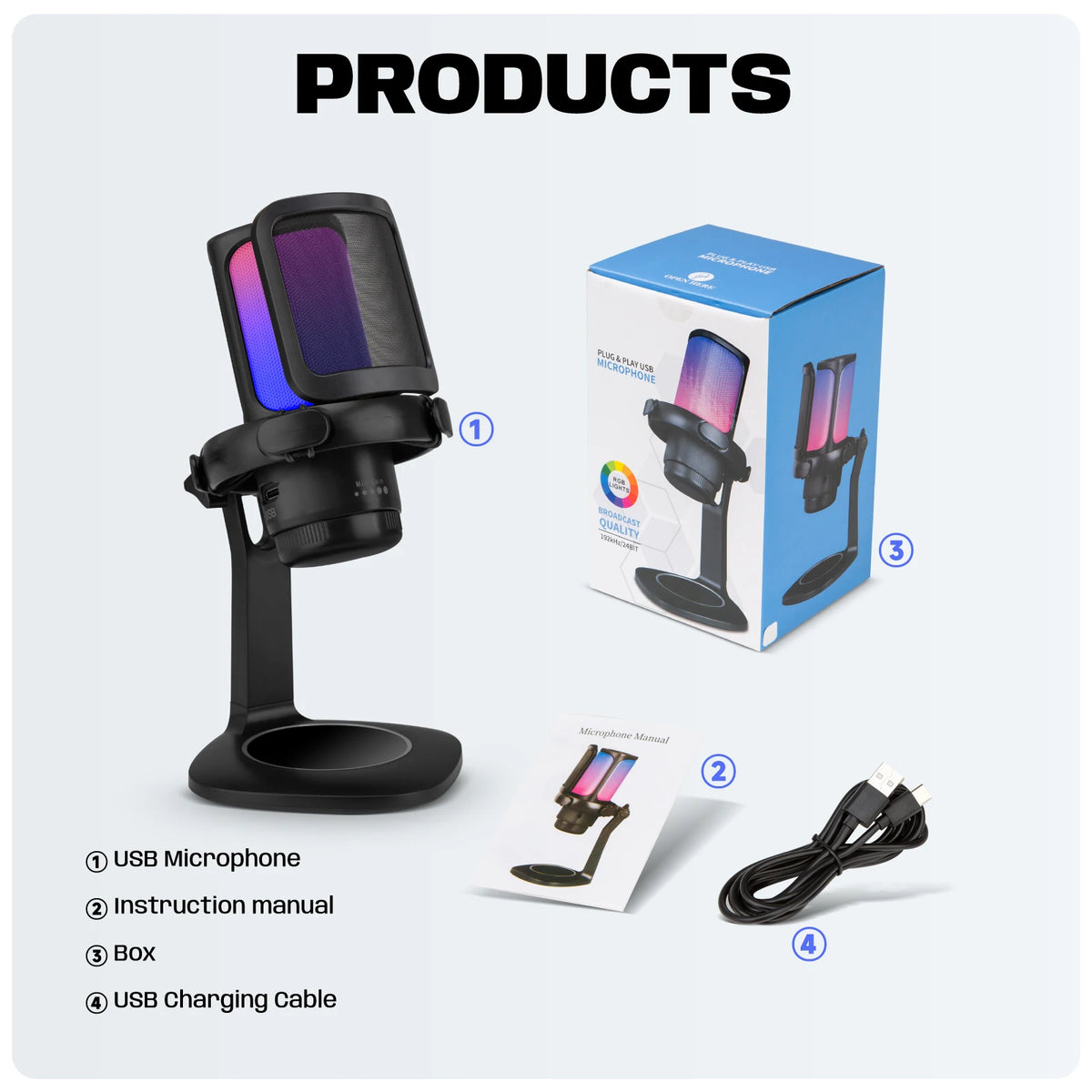 Bolanle USB Microphone RGB Microfone Condensador Wire Gaming Mic for Podcast Recording Studio Streaming Laptop Desktop PC