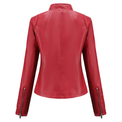 2026 Women's Bright Red V-neck Leather Jacket, Fashion Slim PU Coat, Black Short Outerwear Asia Size XS S M L XL XXL
