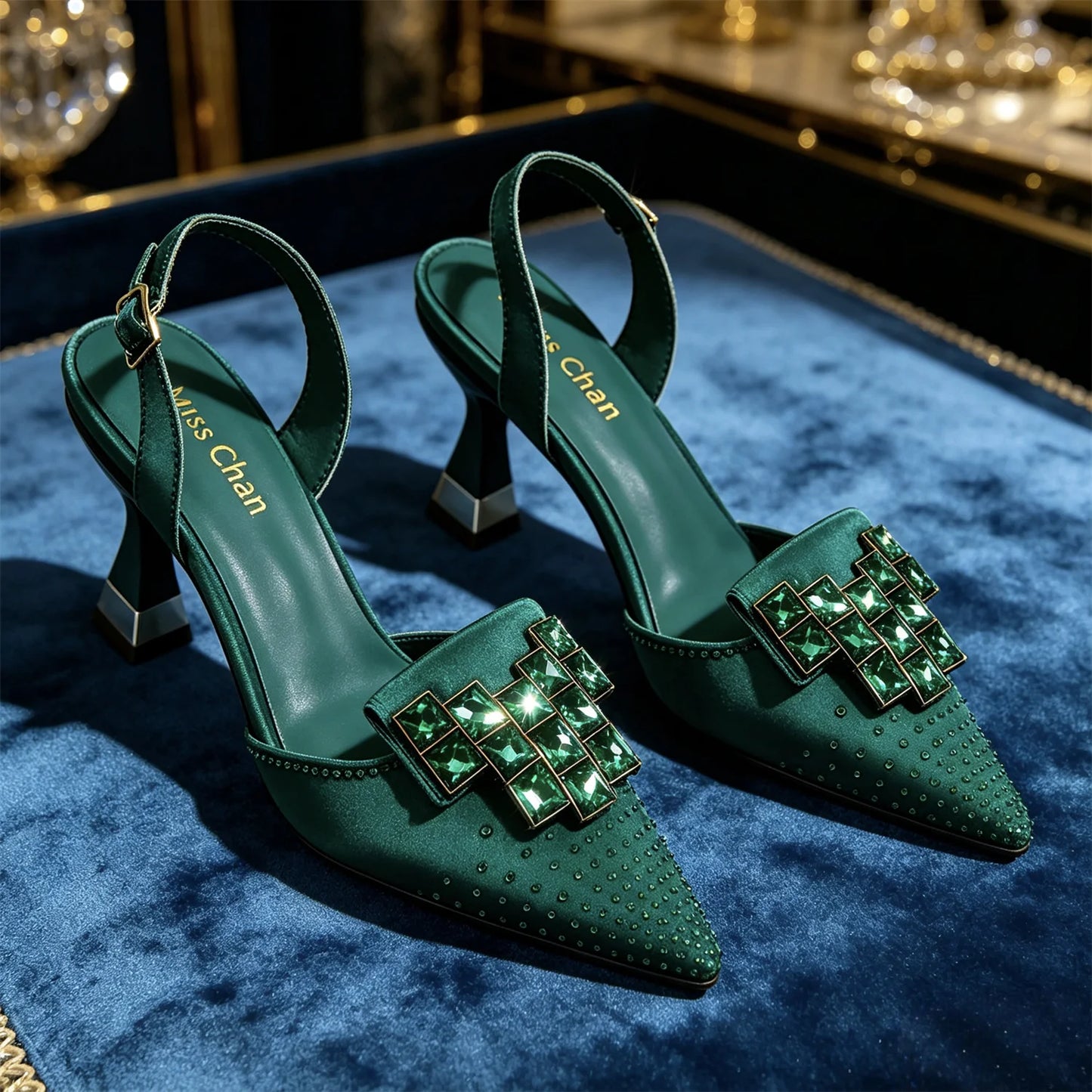Women Green Satin Slingback High Heels Pointed Toe Emerald Crystal Rhinestone Sandals Wedding Evening Party Formal Dress Pumps
