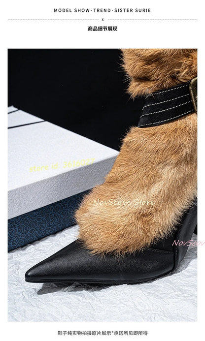 Pointy Toe Faux Furry Knee High Botos Stiletto High Heels Cross Straps Buckle Sexy Women Dress Party Knee High Boots Winter