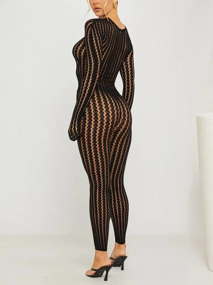 Women's Burgundy Sheer Lace Jumpsuit Long Sleeve Bodycon One Piece Romper Openwork Pattern for Party Club Evening Wear