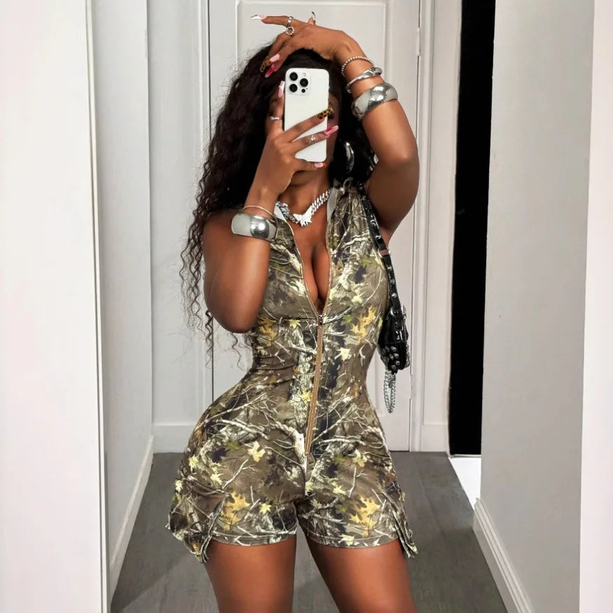 D9756 European and American Women's Fashion sexy Deep V-Neck Camouflage Printed Shorts Short Sleeved Jumpsuit