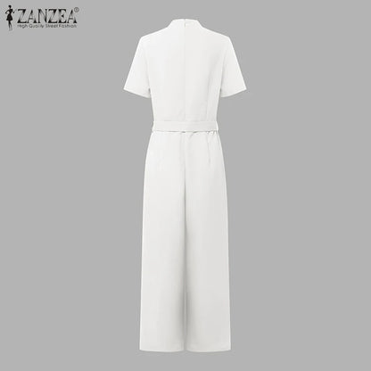 ZANZEA Street Fashion High Waist Jumpsuits Women Workwear Belt Rompers Solid Deep V Neck Elegant Office Lady Long Overalls