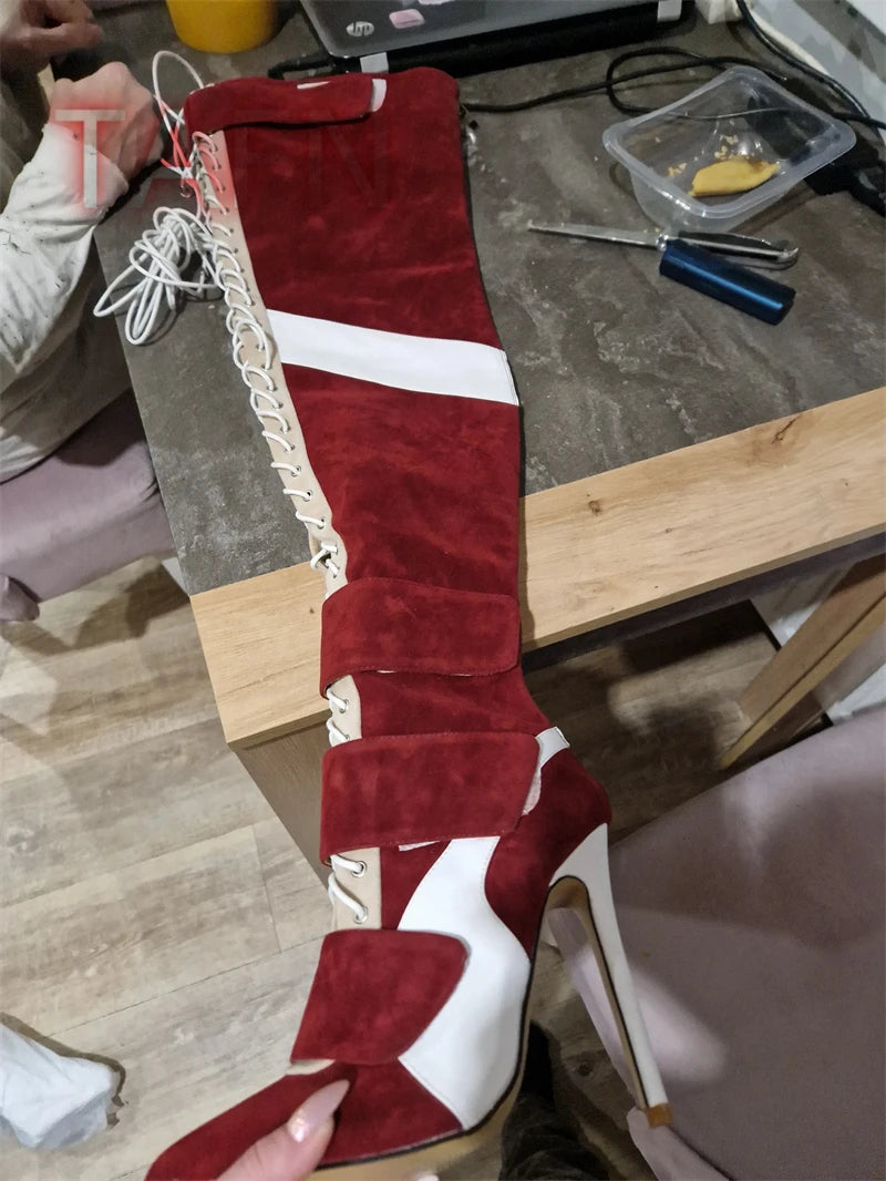 Women Patchwork Suede Leather Thigh High Boots Stiletto Heel Over Knee Boots Belt Slim Long High Heels Club Dress Party Shoes
