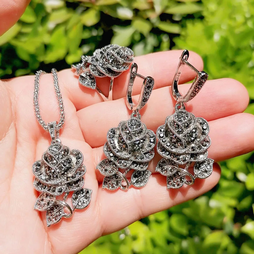 Ajojewel Black Rhinestone Rose Flower Necklace Ring And Earring Set For Women Vintage Jewelry Nice Gifts For Girlfriend