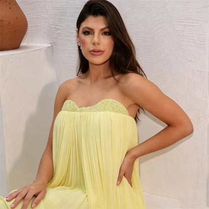 Yellow Sweetheart Long Bespoke Occasion Gown Evening Dresses Pastrol Unisex Jersey Retro Dubai Saudi Arabic Prom Customized