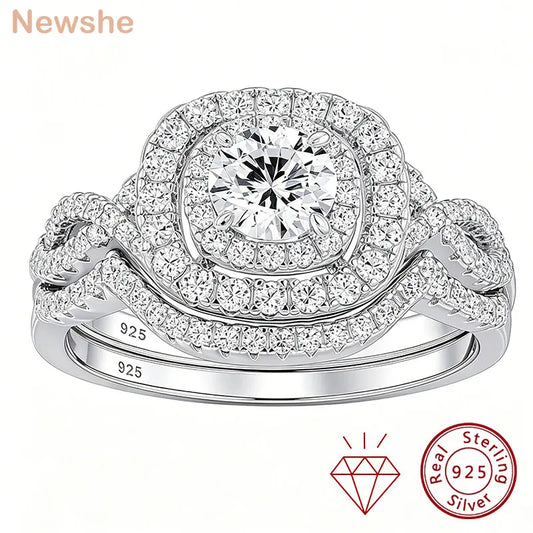 Newshe 2Pcs Halo Round Cut Moissanite Wedding Ring Set for Women Solid 925 Sterling Silver Zircons Luxury Bridal Rings