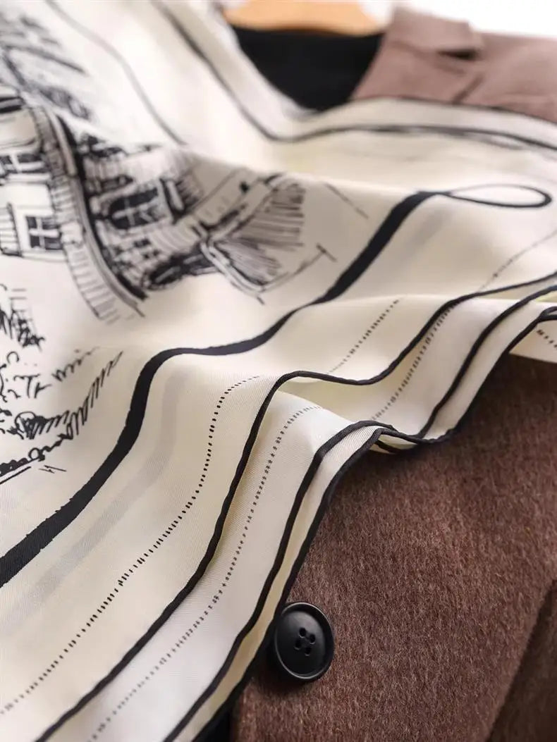 Black White View Print Twill Silk Scarf 90x90cm Women Fashion Square Neck Scarf Satin Kerchief Head Wrap Bandana Bag Decoration