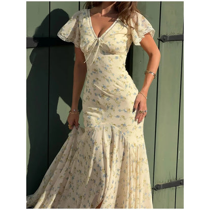 Fashion V-neck Floral Women Maxi Dress Flutter Sleeve Lace Trim High Waist Chiffon Vestidos Summer Female Daily Vacation Dresses